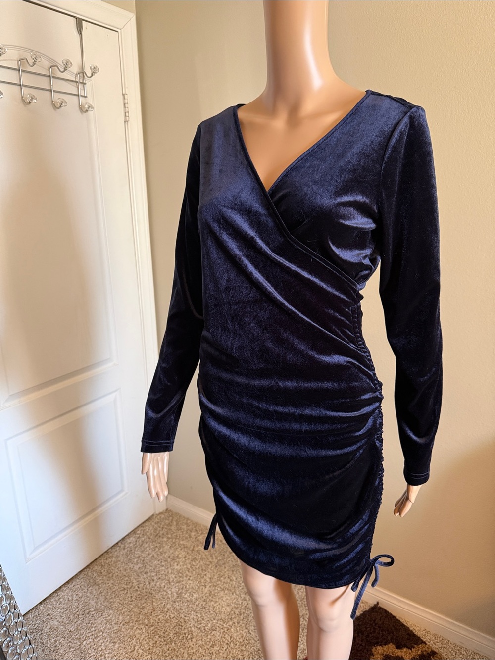 Midnight Blue Velvet Wrap-Style Long Sleeve Dress